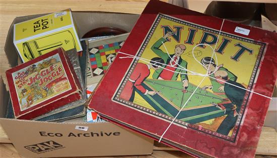A collection of childrens board games (including Jiggle-Joggle), jigsaw puzzles, birthday postcards, etc.